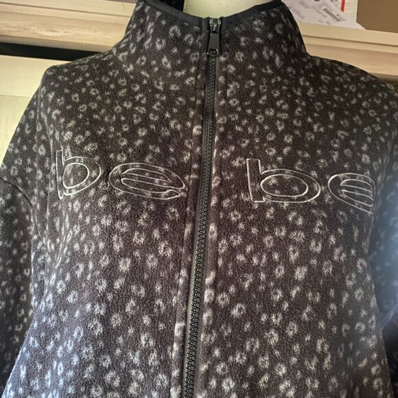 Bebe Sport Full Zip Fleece Logo cheetah print jacket M black gray pockets toggle - Picture 8 of 11